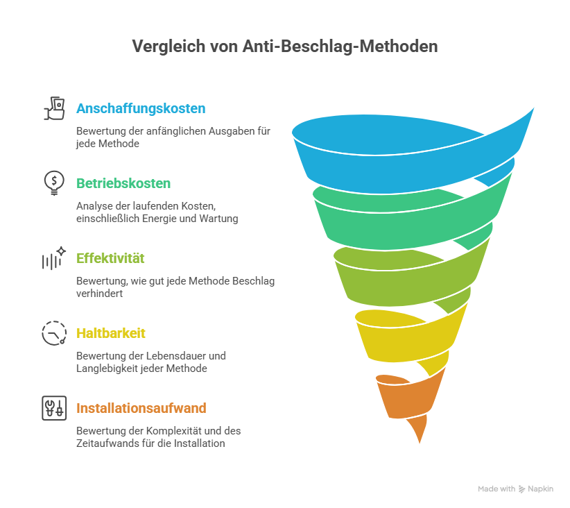 Infografik zum Vergleich von Anti-Beschlag-Methoden anhand von Kriterien wie Anschaffungs- und Betriebskosten, Effektivität, Haltbarkeit und Installationsaufwand, dargestellt als farbiger Trichter.