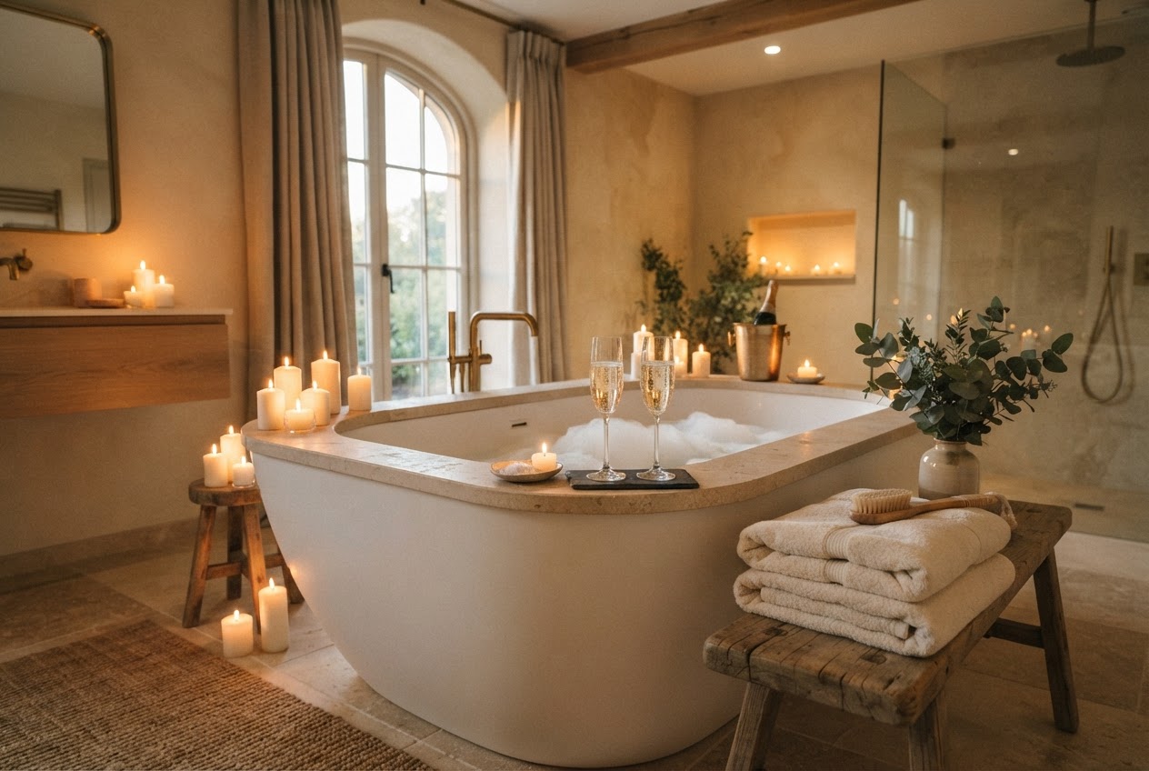 Badewanne romantisch hergerichtet für ein Bad zu zweit mit Kerzen und zwei Gläsern Sekt