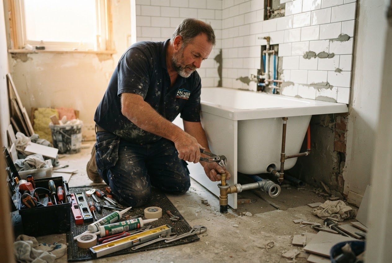 Handwerker beim Einbau einer neuen Badewanne im Badezimmer