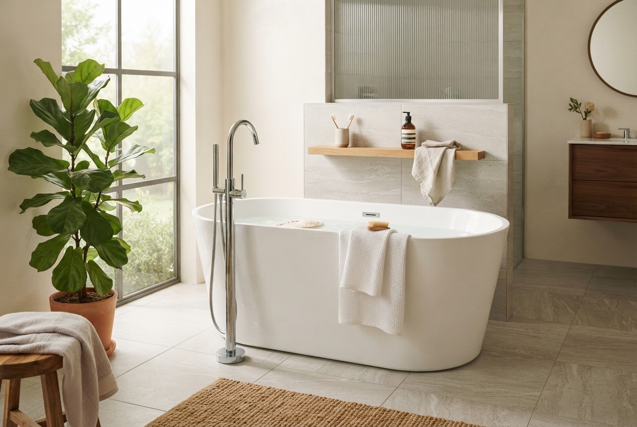 Freistehende Acryl-Badewanne mit schmalem Rand und Standarmatur in einem hellen Badezimmer