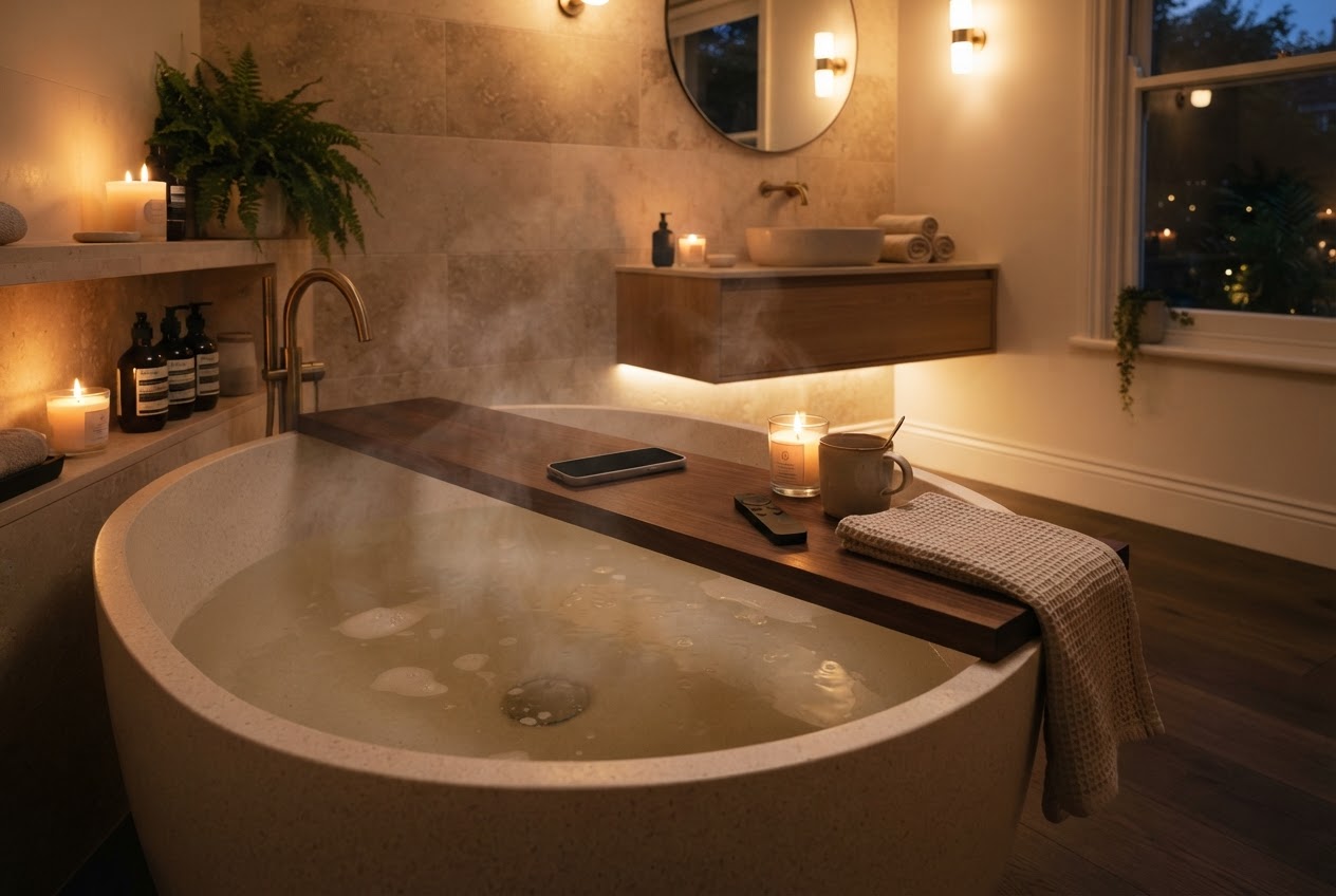 Badewanne mit Smartphone und Fernbedienung auf dem Wannenbrett für Sound Wave Musik