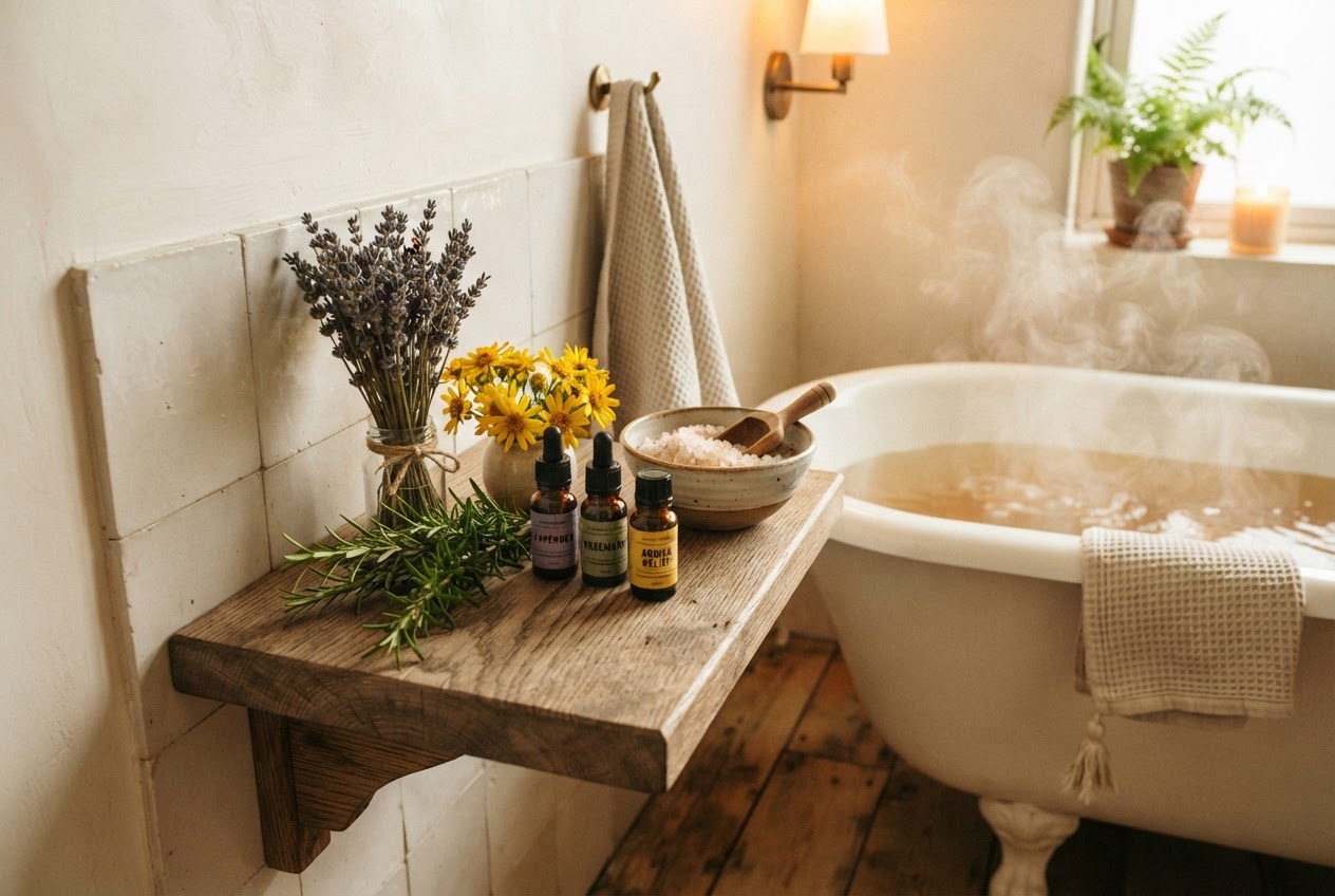 Lavendelblüten, Rosmarinzweig und Arnikablüten mit Ölfläschchen neben der Badewanne