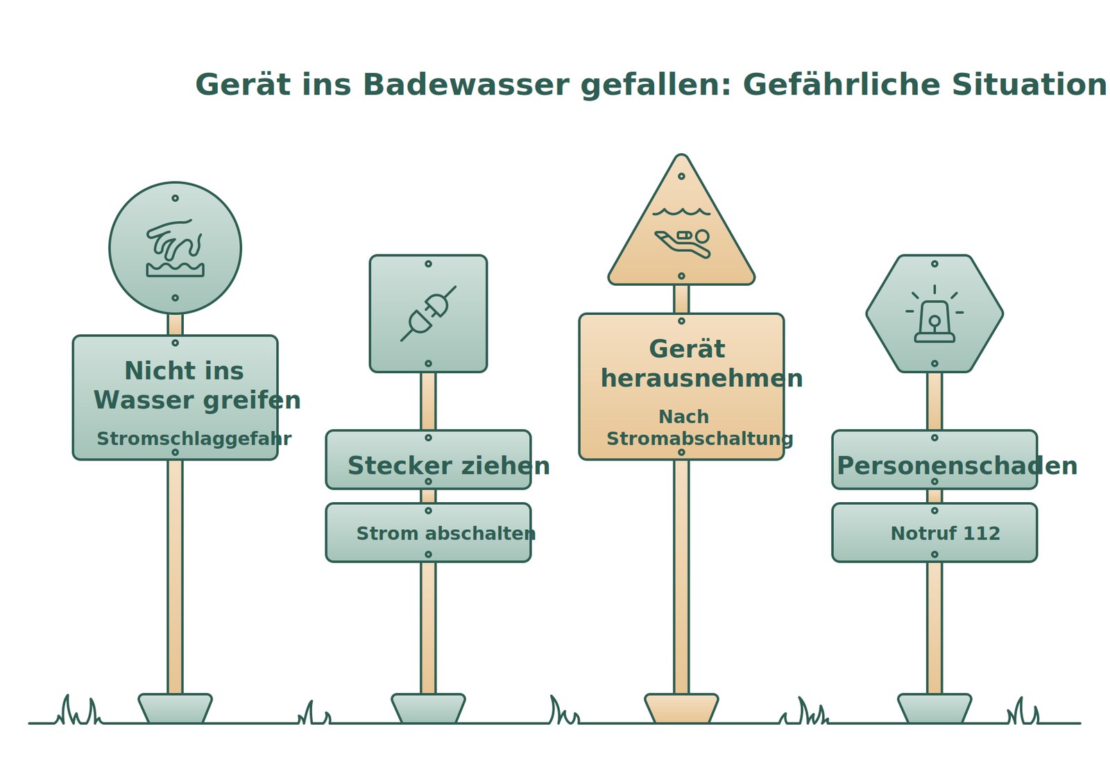 Föhn in der Badewanne Notfall: nicht ins Wasser greifen, Strom abschalten, Gerät herausnehmen, Notruf 112