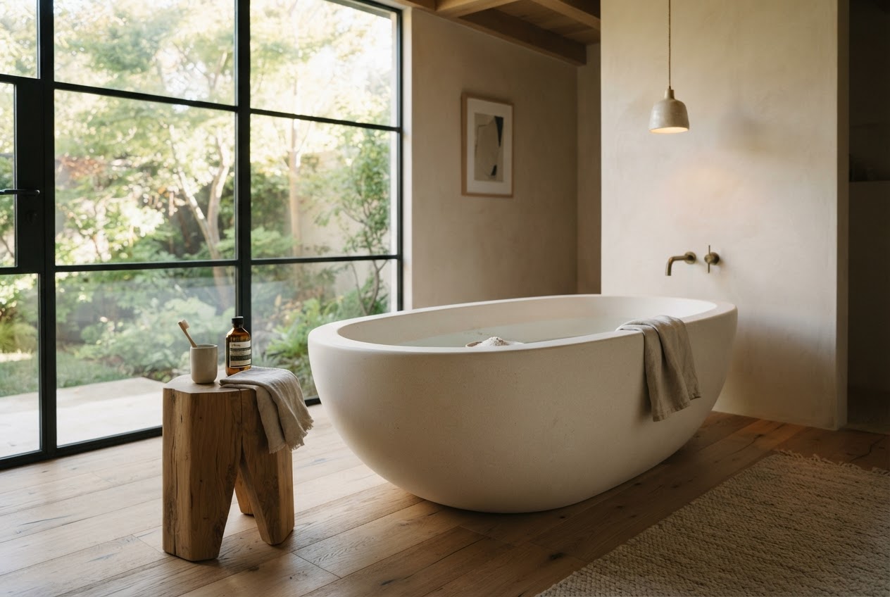 Skulpturale freistehende Design-Badewanne in einem hellen Badezimmer mit Holzboden