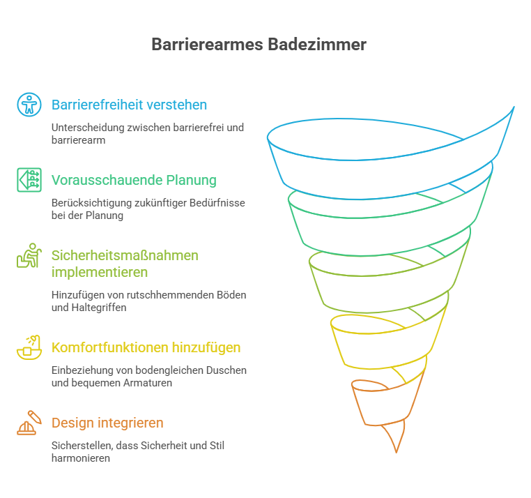 Infografik: Barrierearmes Badezimmer planen – Komfort, Sicherheit und modernes Design im Überblick.