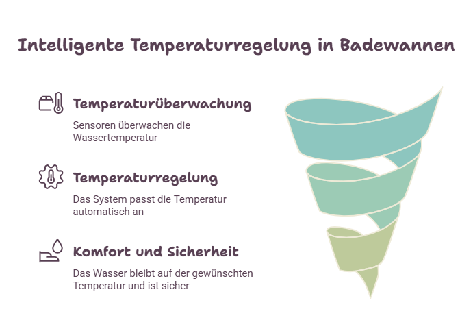 Infografik zur intelligenten Temperaturregelung bei Badewannen mit Temperaturüberwachung, automatischer Temperatursteuerung sowie mehr Komfort und Sicherheit beim Baden.