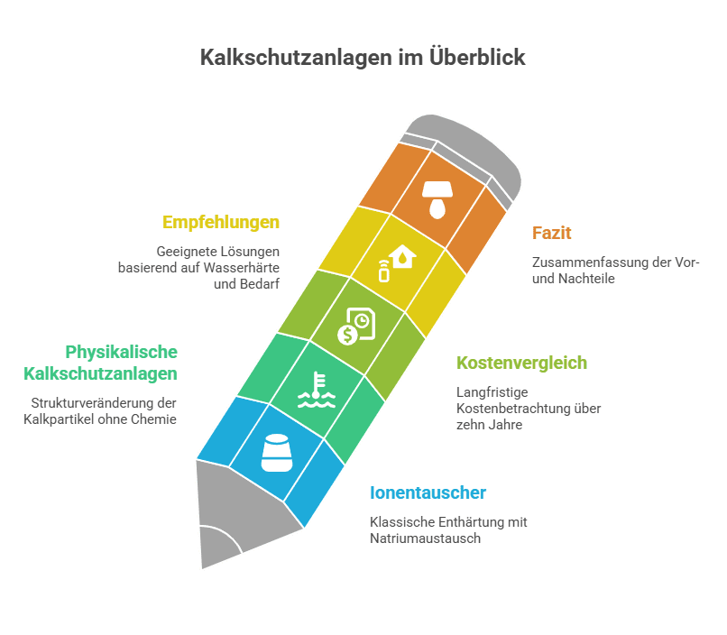 Infografik „Kalkschutzanlagen im Überblick“ mit Vergleich von Ionentauscher und physikalischen Kalkschutzanlagen, inklusive Empfehlungen, Kostenvergleich und Fazit.