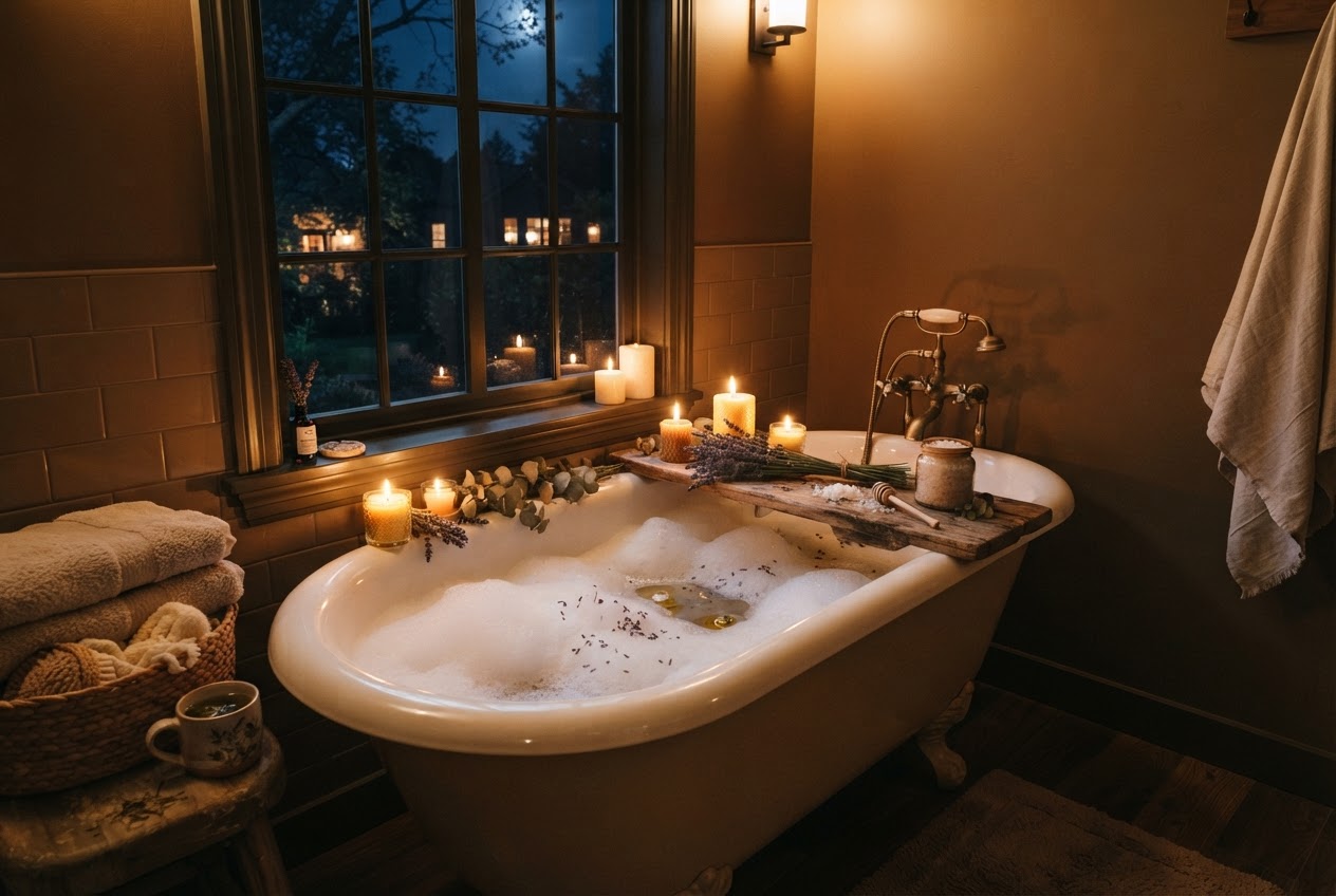 Abends baden – Badewanne mit Kerzen bei Nacht