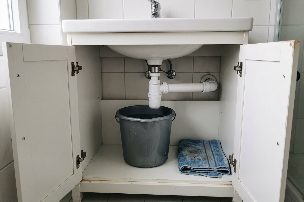 Abfluss stinkt – Siphon unter dem Waschbecken Abfluss stinkt: geöffneter Waschbecken-Unterschrank mit Kunststoff-Siphon und Eimer darunter