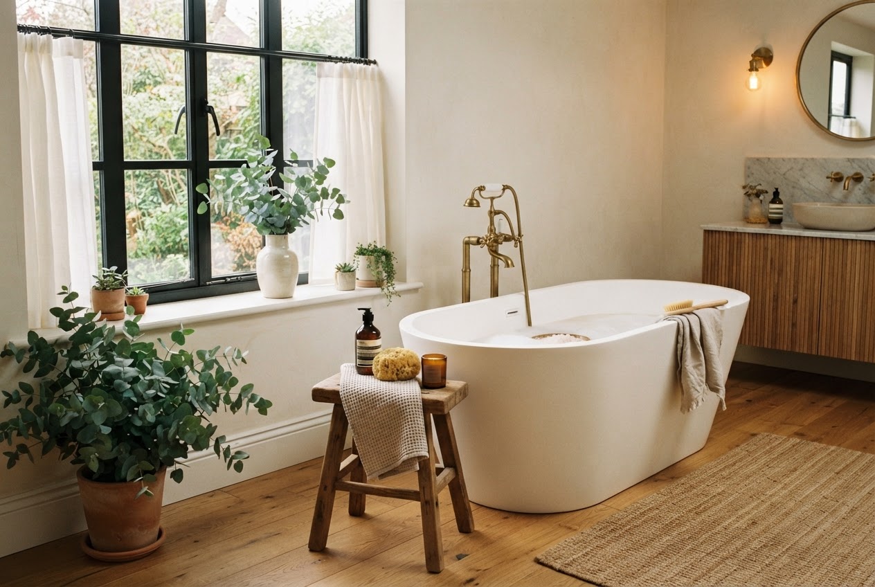 Freistehende weiße Badewanne in einem warmen, modernen Badezimmer