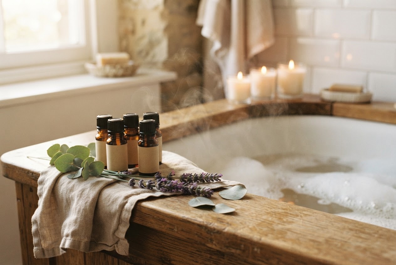 Ätherische Öle in Fläschchen am Rand einer Badewanne mit Lavendel und Kerzen