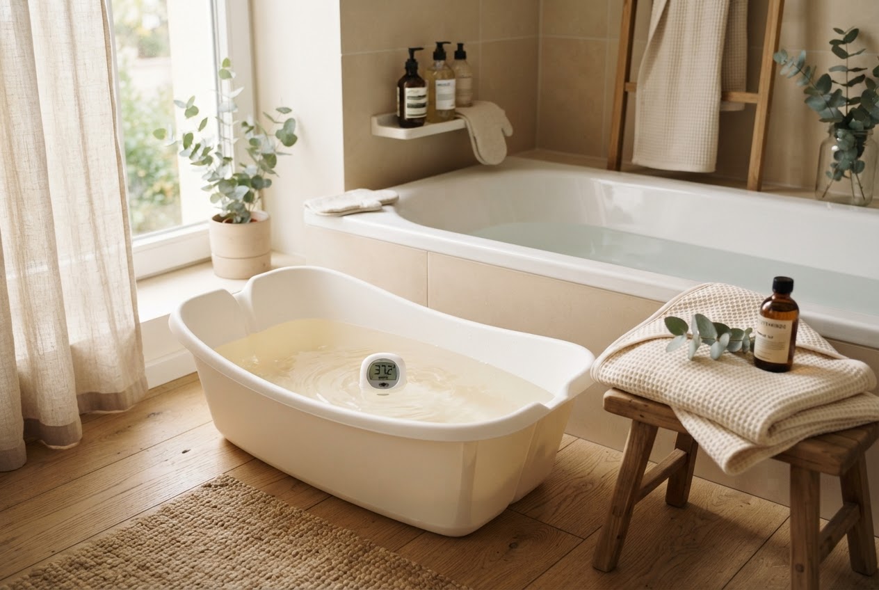 Babybadewanne mit Badethermometer bei 37 Grad neben der großen Badewanne