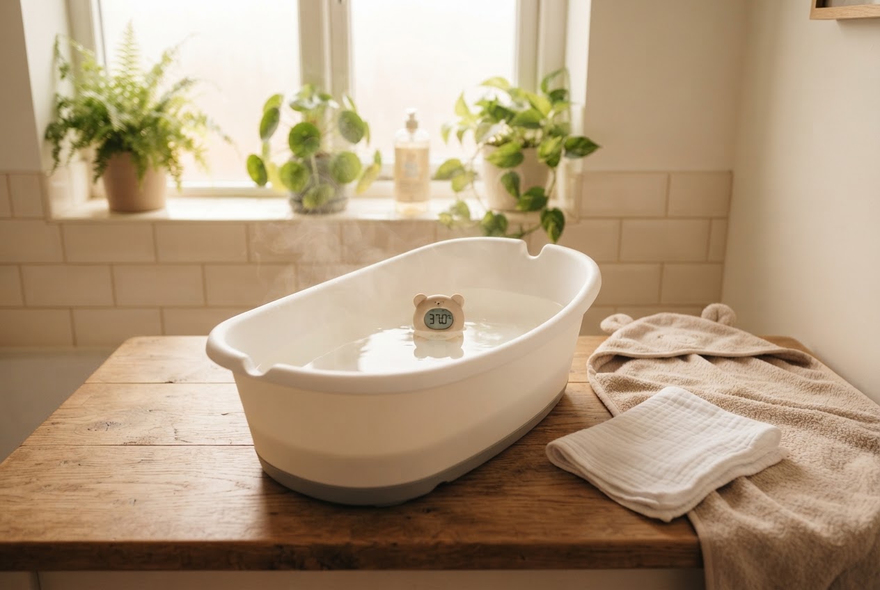 Babybadewanne mit Badethermometer und Kapuzenhandtuch im warm beleuchteten Badezimmer