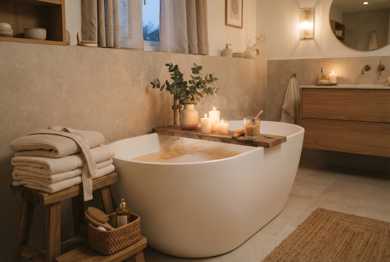 Badezimmer als Ort des Wohlbefindens mit Badewanne, Handtüchern und Kerzen