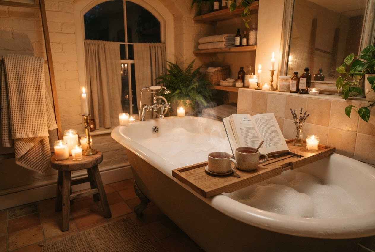 Bad für die Seele: Badewanne mit Kerzen am Abend