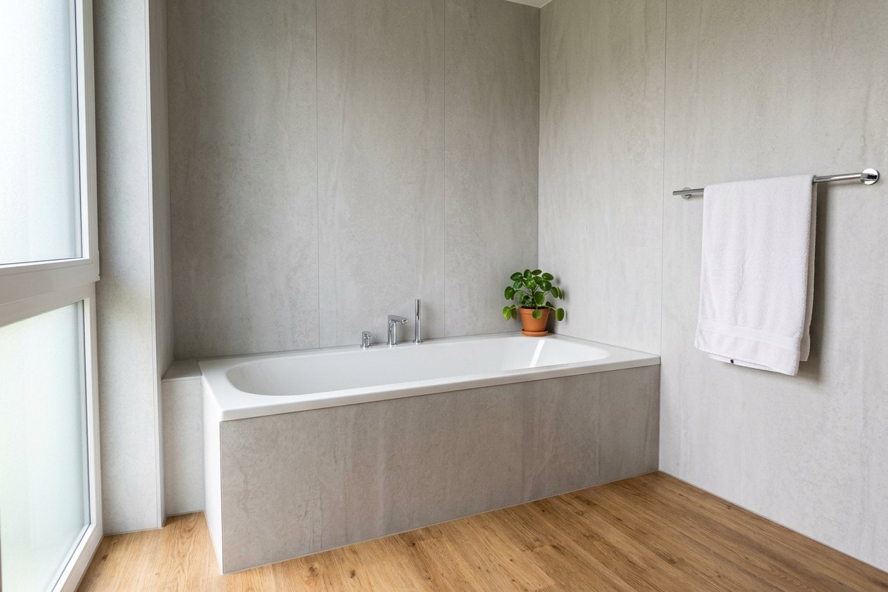 Bad ohne Fliesen: helle Wandpaneele in Steinoptik hinter der Badewanne und Vinylboden in Holzoptik