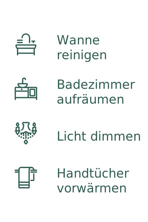 Checkliste zur Vorbereitung für ein Bad zu zweit: Wanne reinigen, Bad aufräumen, Licht dimmen, Handtücher vorwärmen