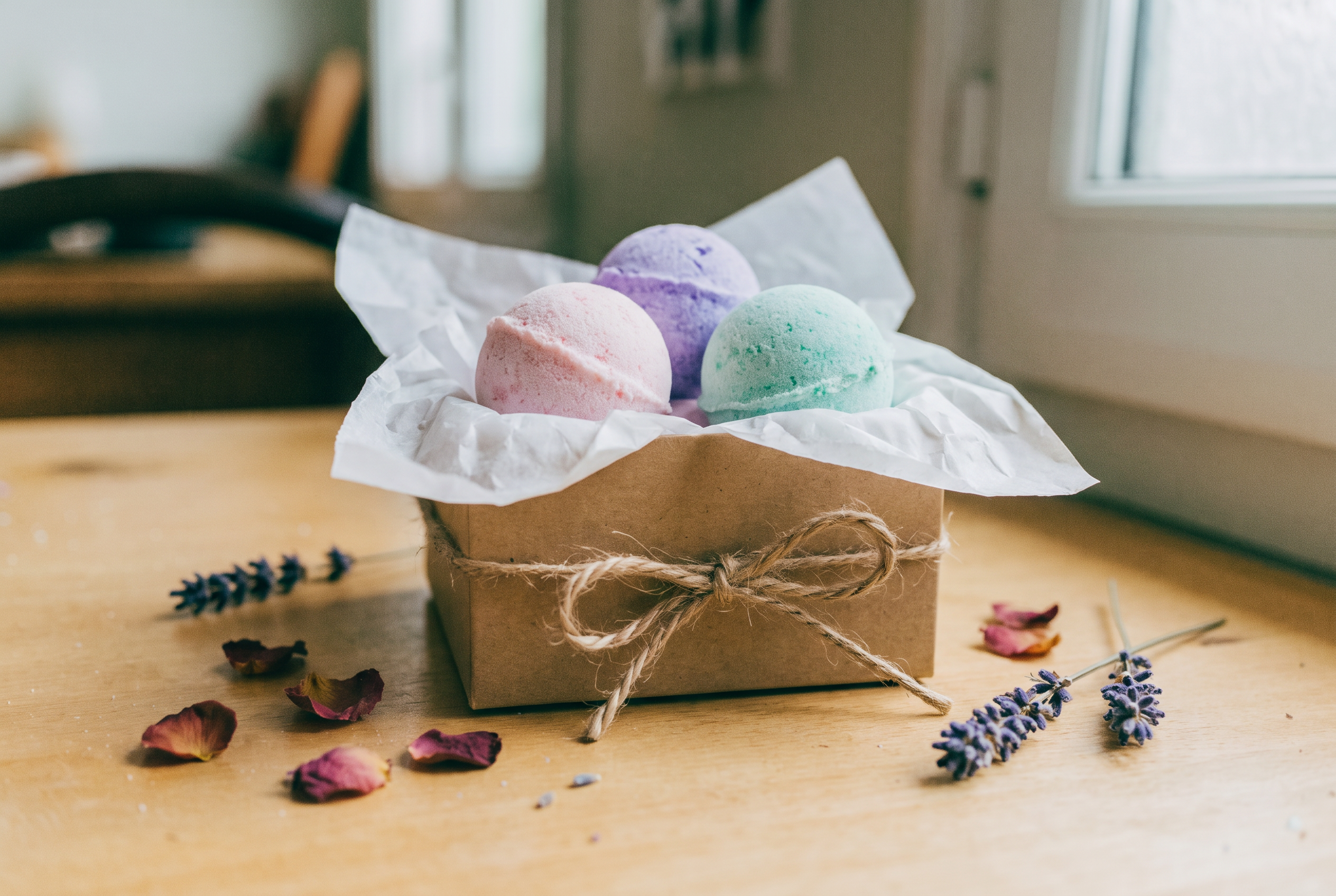 Selbstgemachte Badebomben als Geschenk in einer Box mit Seidenpapier und Schleife