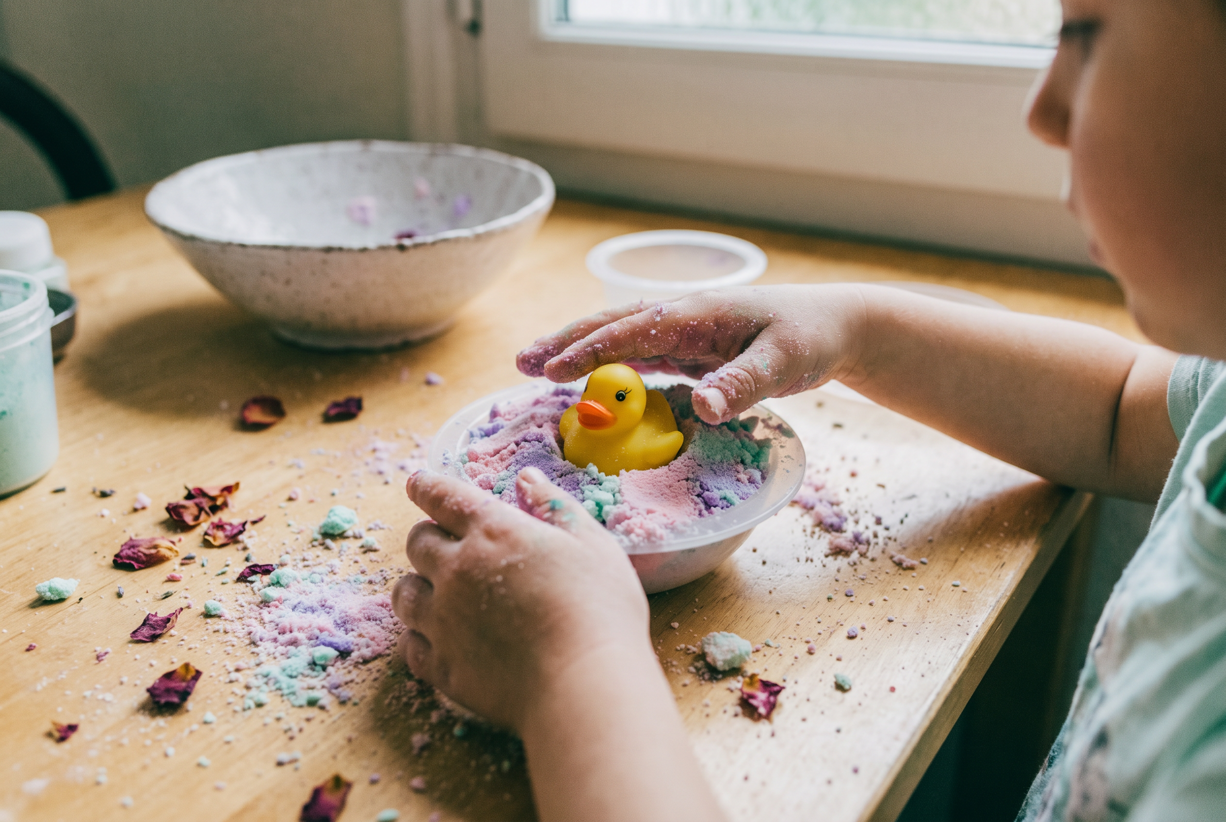 Kind formt bunte Badebomben, in einer Kugel steckt eine kleine Überraschung