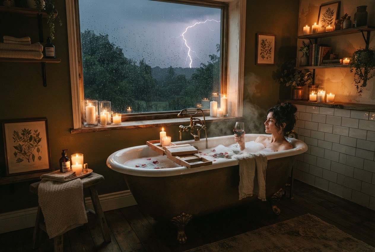 Badezimmer bei Gewitter mit Regen am Fenster und Kerzen an der Badewanne