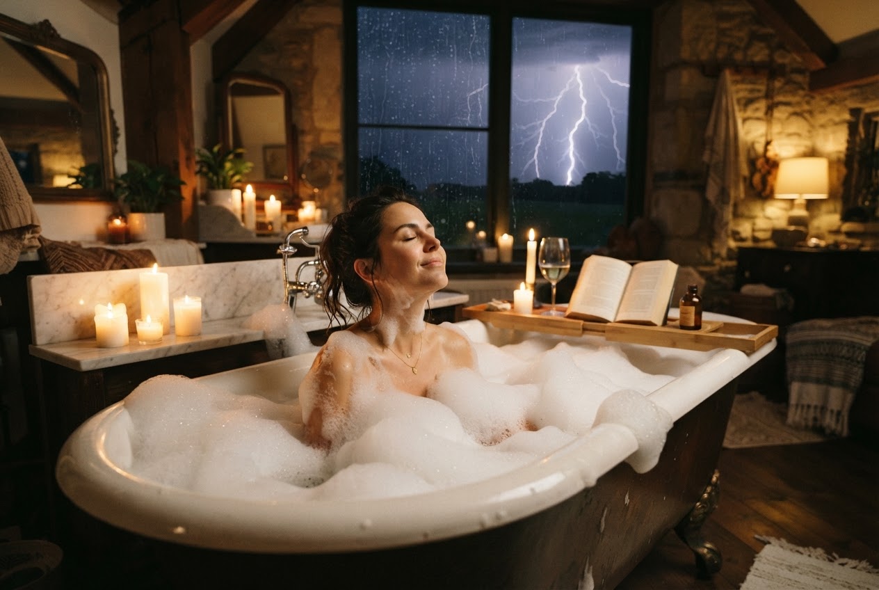 Baden bei Gewitter – entspanntes Schaumbad während draußen ein Gewitter tobt