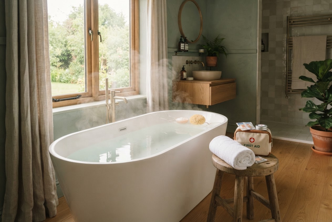 Badewanne mit klarem Wasser und Verbandmaterial – Baden mit offener Wunde