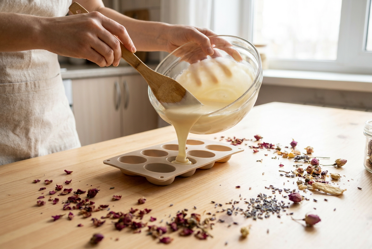 Die flüssige Badepralinen-Masse wird in eine Silikonform gegossen