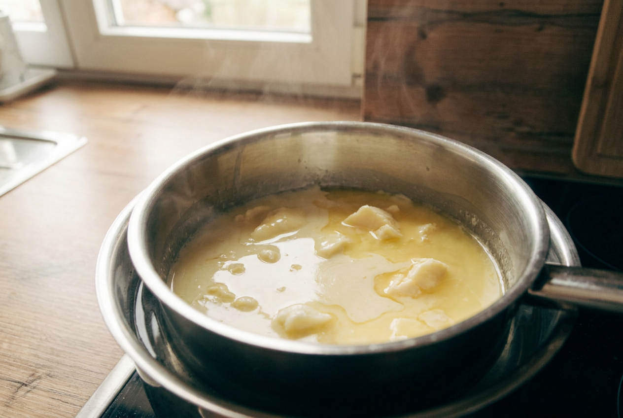 Kakaobutter und Sheabutter schmelzen im Wasserbad in einem kleinen Topf