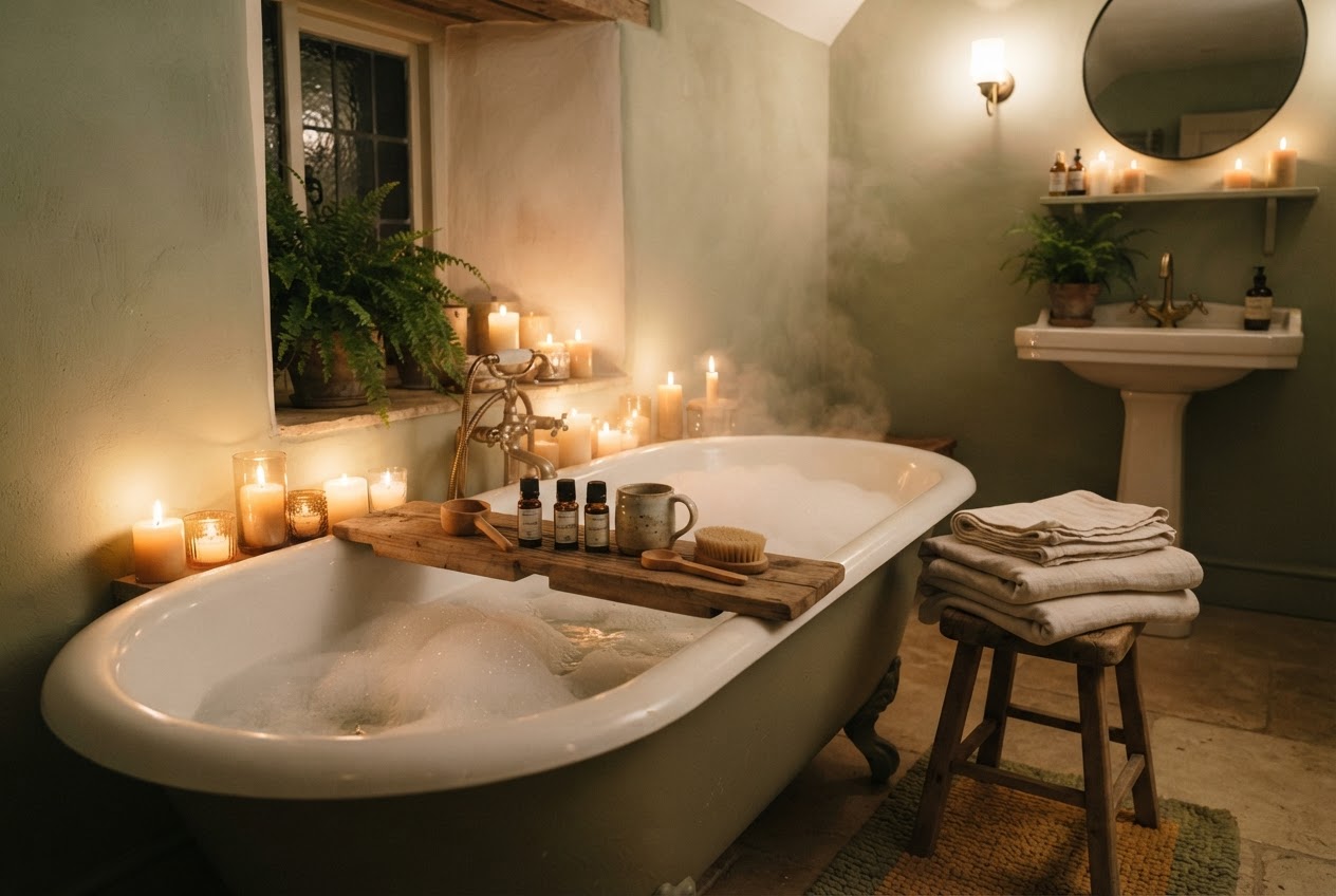 Baderitual mit Kerzen und ätherischen Ölen für Entspannung und Meditation in der Badewanne