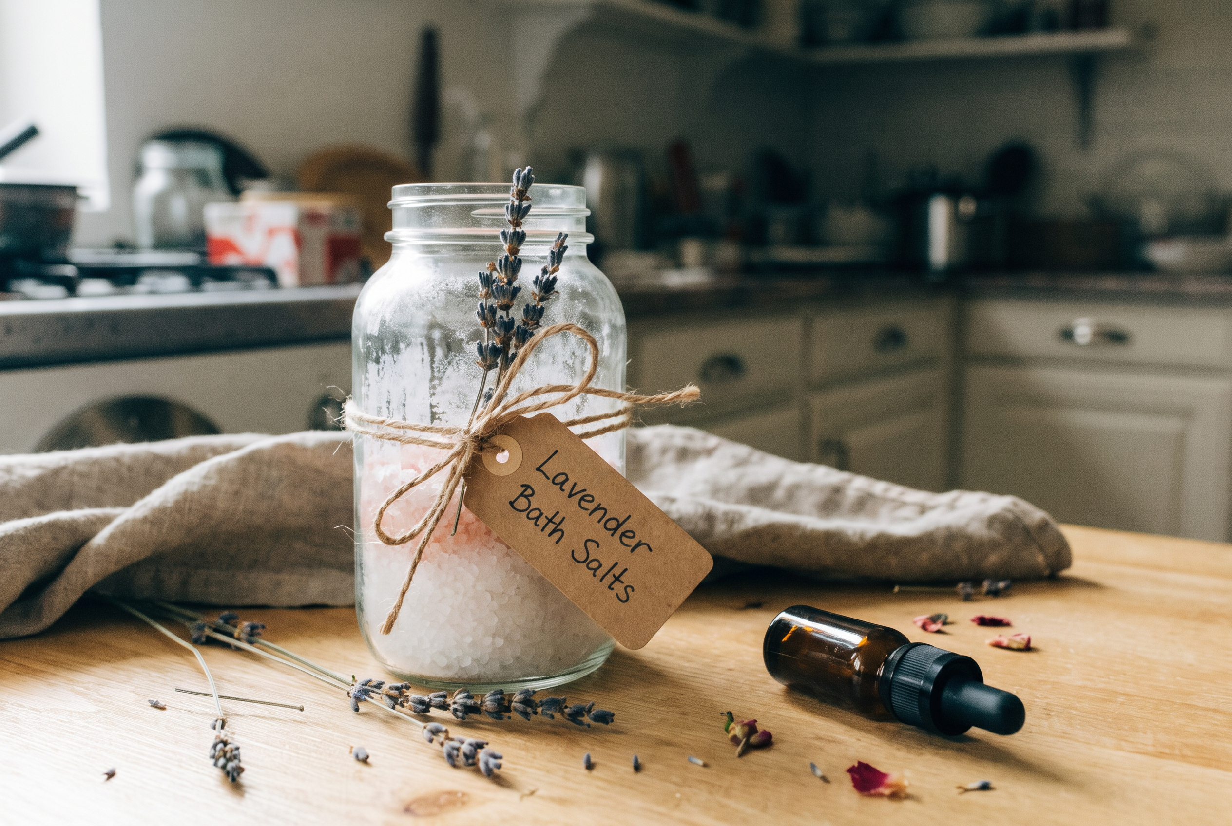 Selbstgemachtes Badesalz im Schraubglas mit Kordel und handbeschriftetem Etikett als Geschenk verpackt