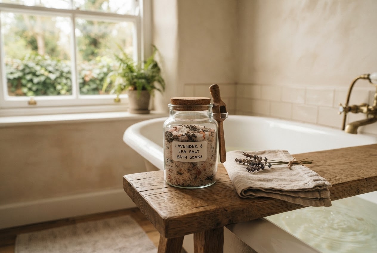 Glas mit Badesalz neben der Badewanne – wie lange ist Badesalz haltbar