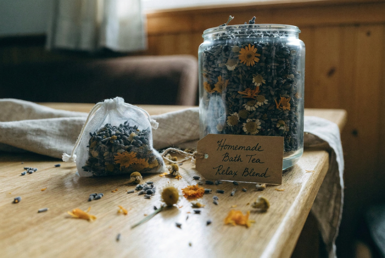 Selbstgemachter Badetee im Glas mit Etikett und Baumwollsäckchen als Geschenk