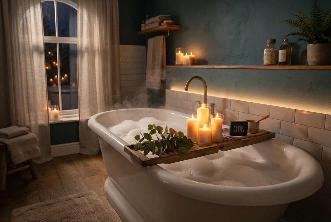 Badewanne mit Schaum bei warmem Kerzenlicht und sanfter LED-Beleuchtung