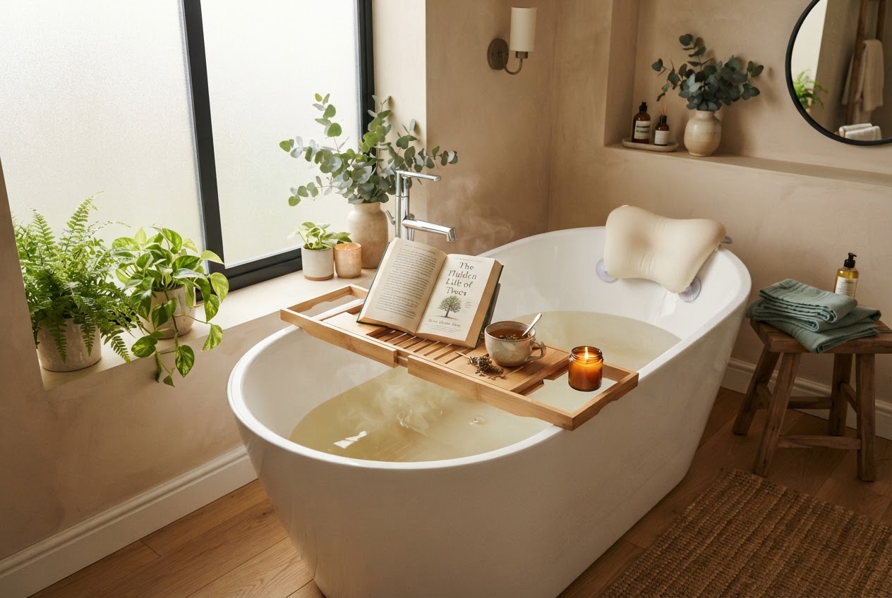 Badewanne mit Bambus-Badewannenablage mit Buch, Tee und Kerze sowie Badewannenkissen am Wannenrand