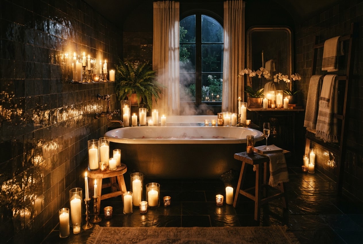 Badewanne mit stimmungsvoller Kerzenbeleuchtung am Abend
