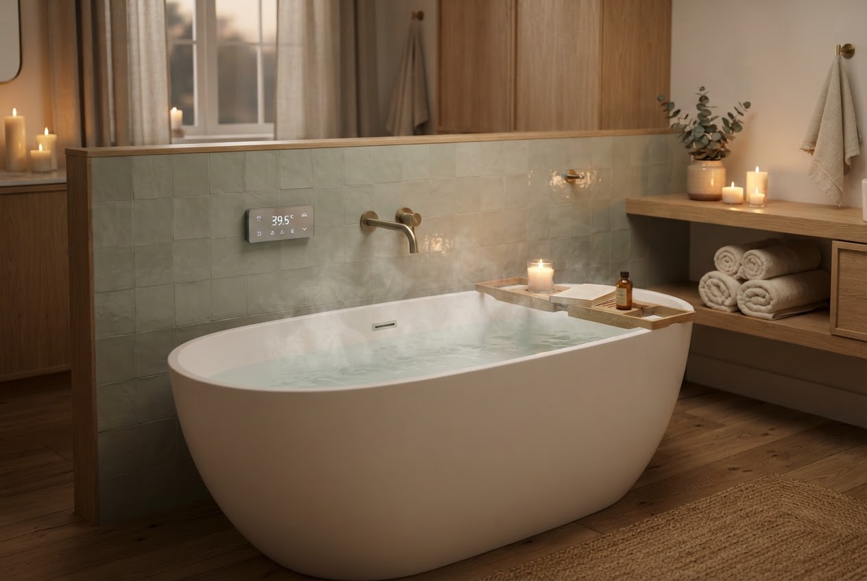 Moderne freistehende Badewanne mit digitaler Thermostatarmatur und Temperaturanzeige in einem warm beleuchteten Badezimmer