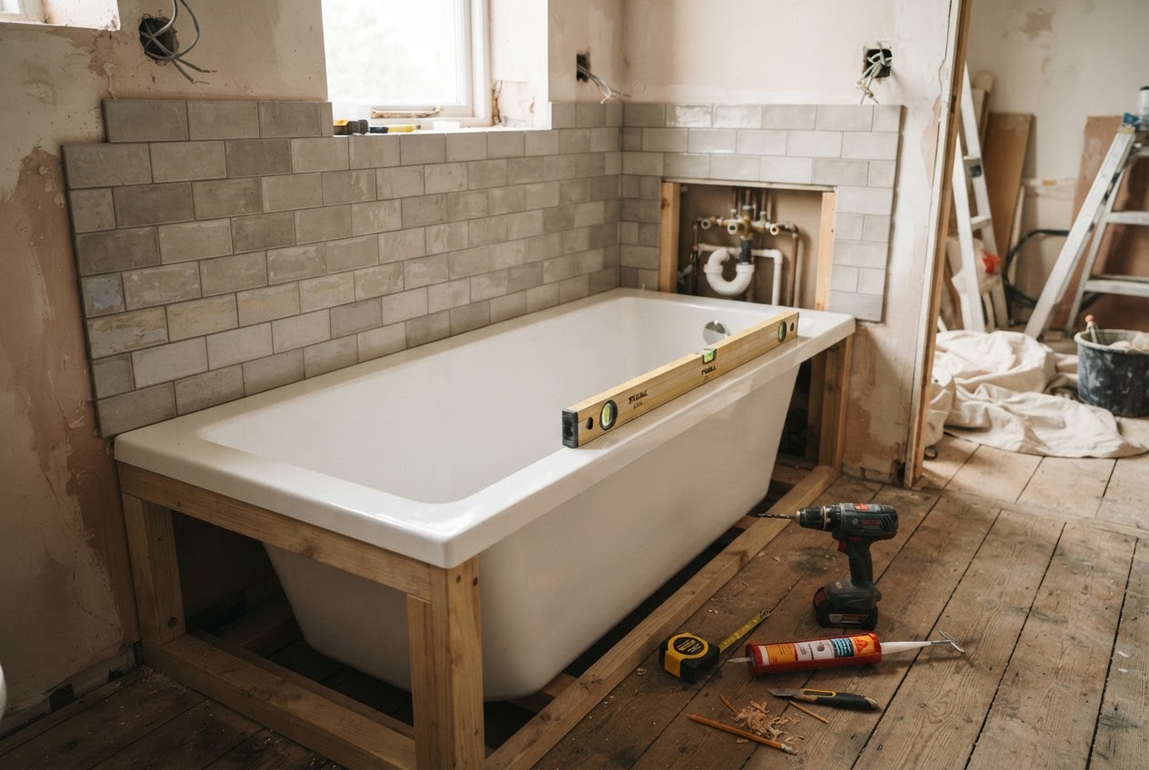 Badewanne beim Einbau mit Wasserwaage, Silikonkartusche und Werkzeug im Badezimmer