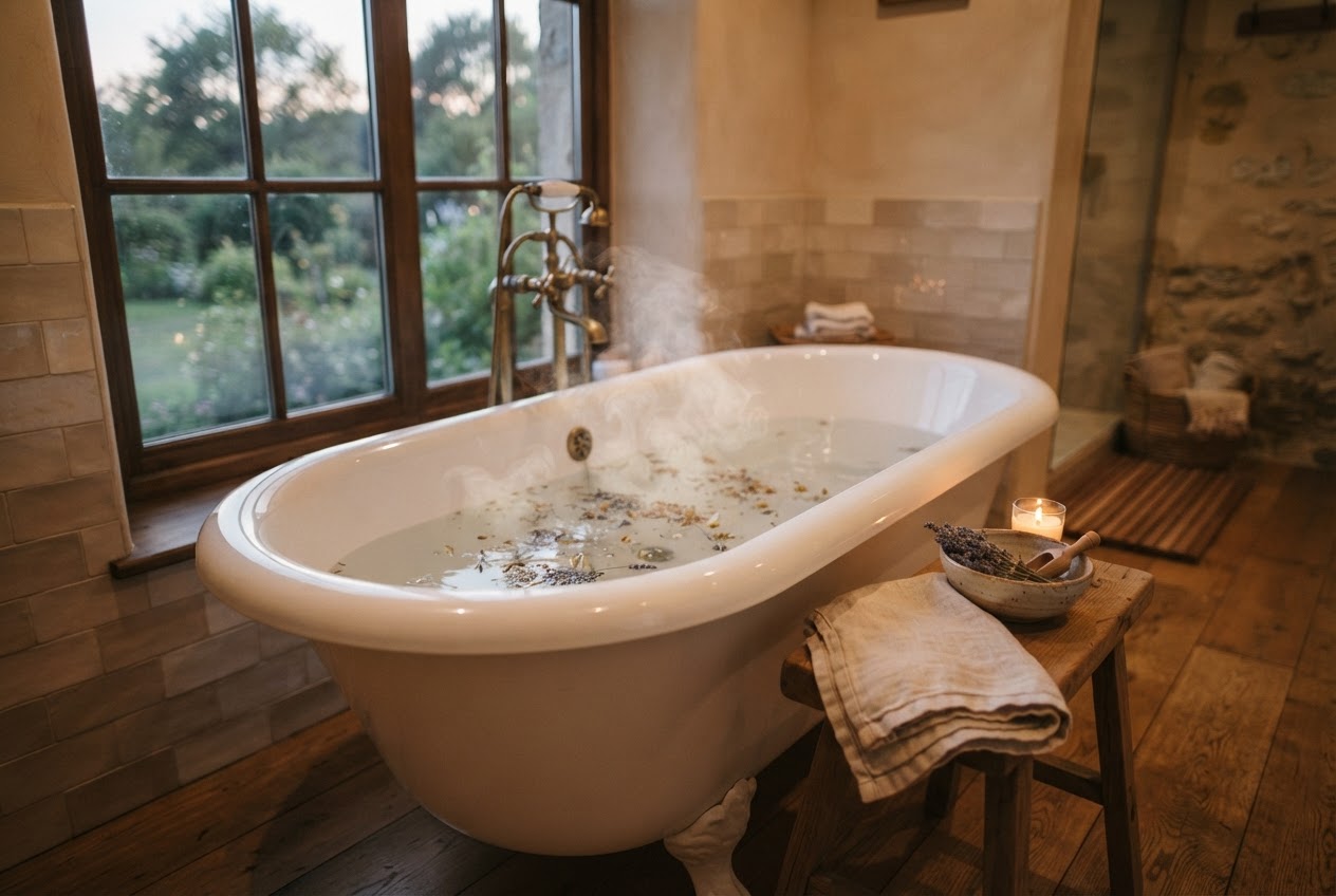 Warme Badewanne als Quelle der Entspannung mit Lavendel und Handtuch