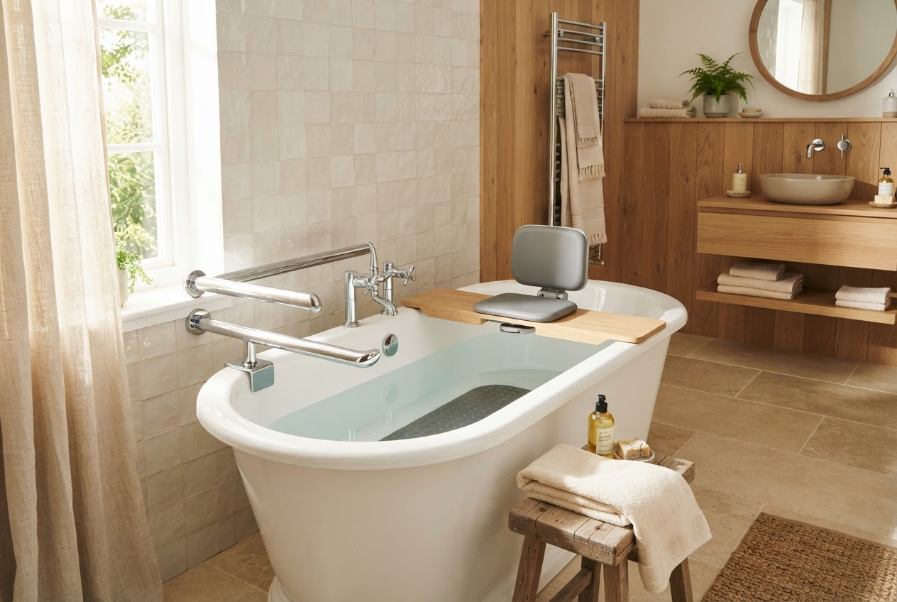 Badewanne mit Haltegriff, Antirutschmatte und Badebrett als Einstiegshilfe für Senioren