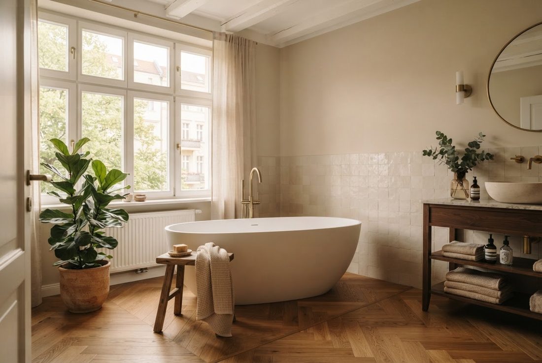 Elegante freistehende Badewanne in einem hochwertig gestalteten Badezimmer als Werttreiber für die Immobilie