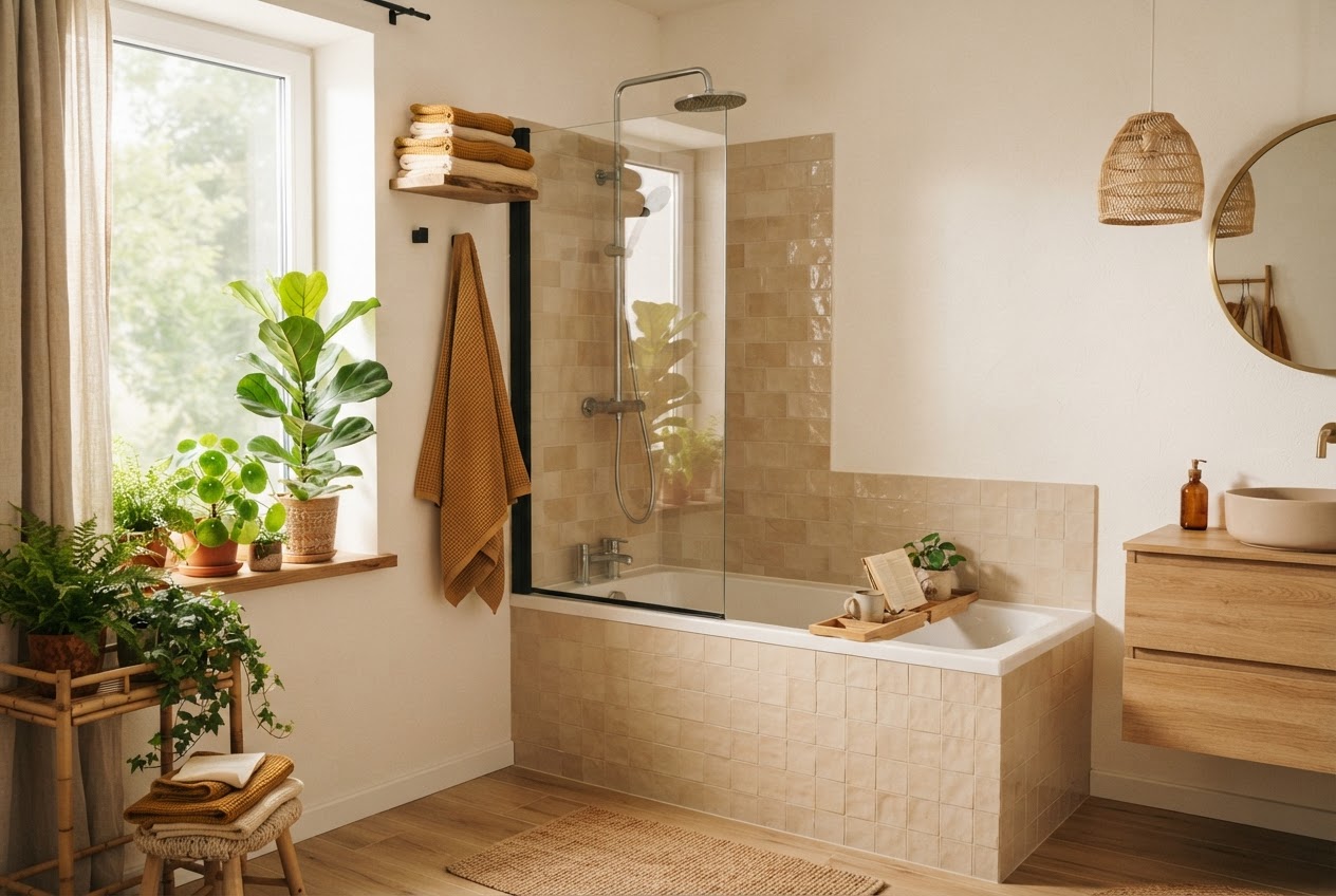 Badewanne mit Dusche: Kombination mit Glasaufsatz im Badezimmer