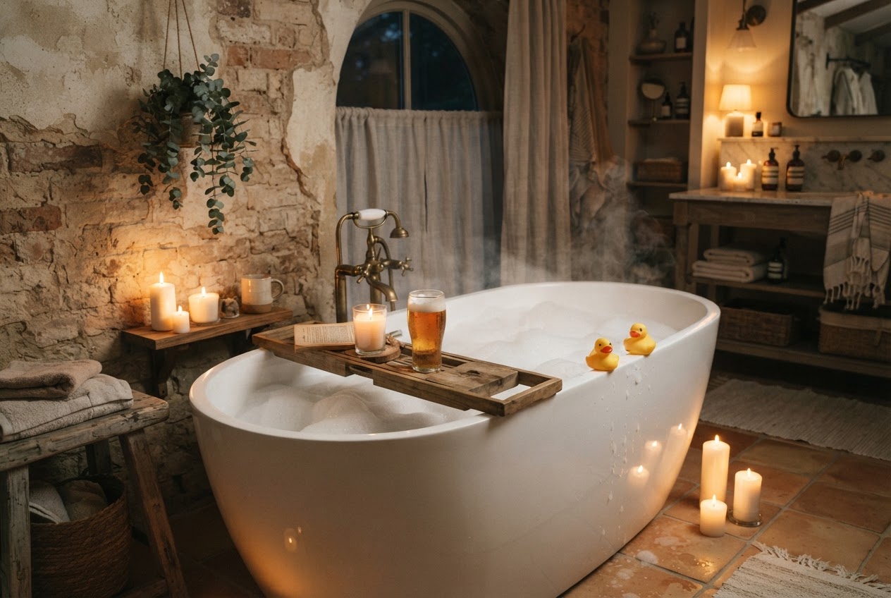 Perfektes Vollbad mit Schaum, Kerzen und kühlem Getränk in der Badewanne