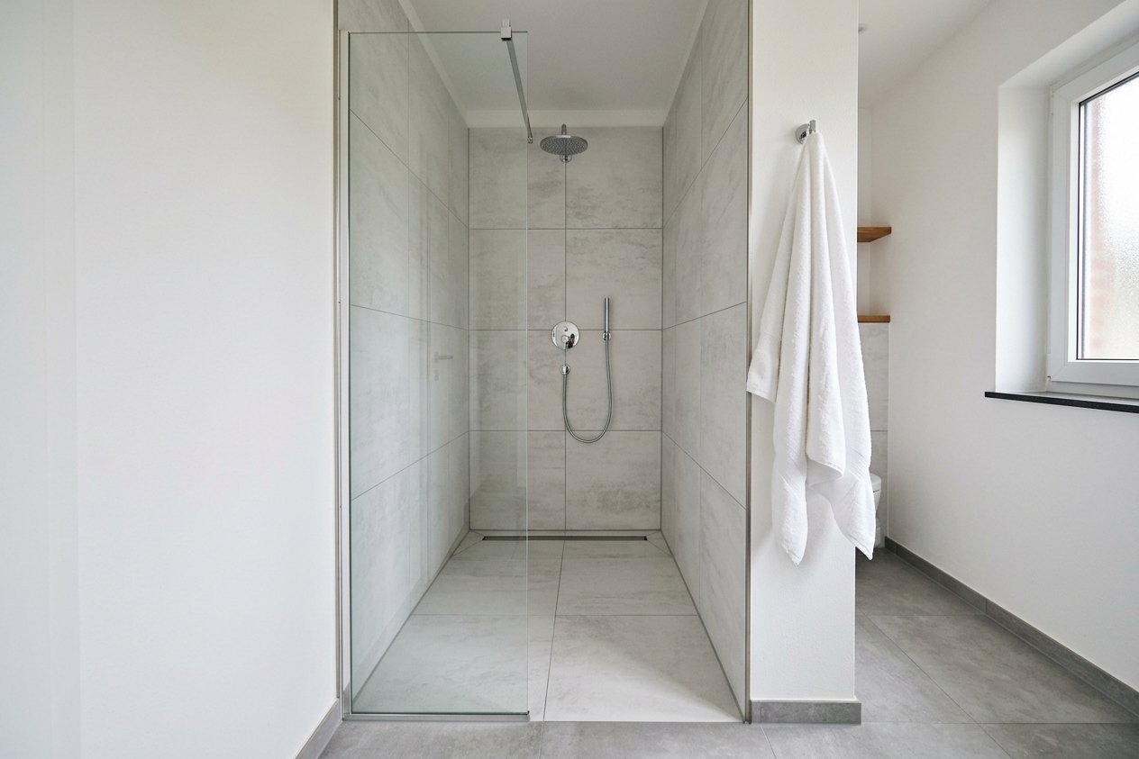 Badewanne raus, Dusche rein: bodengleiche Walk-in-Dusche Bodengleiche Walk-in-Dusche mit Glaswand in der Nische, in der früher die Badewanne stand