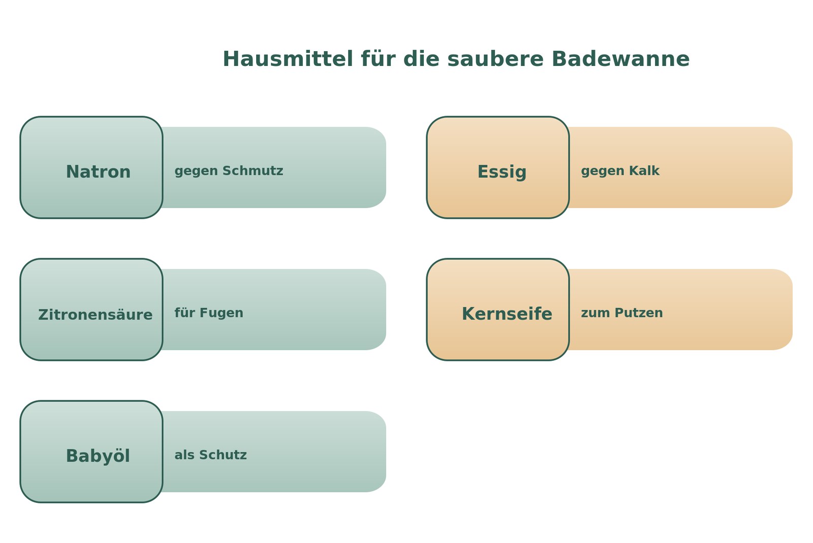 Infografik: Hausmittel für die Badewannen-Reinigung – Natron, Essig, Zitronensäure, Kernseife und Babyöl