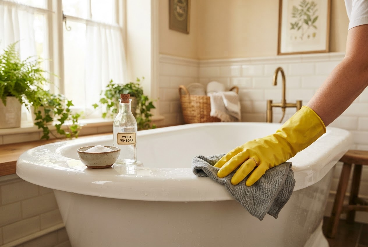 Badewanne reinigen mit Hausmitteln – Wannenrand wird mit Mikrofasertuch abgewischt, Natron und Essig stehen bereit