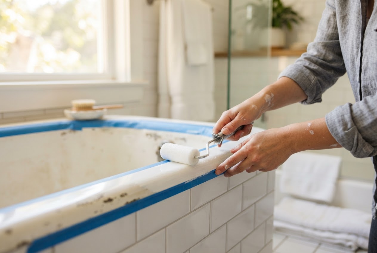 Hand traegt mit einer Rolle weissen 2K-Lack auf den abgeklebten Rand einer alten Badewanne auf