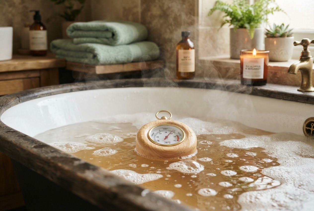 Badethermometer schwimmt im warmen Badewasser