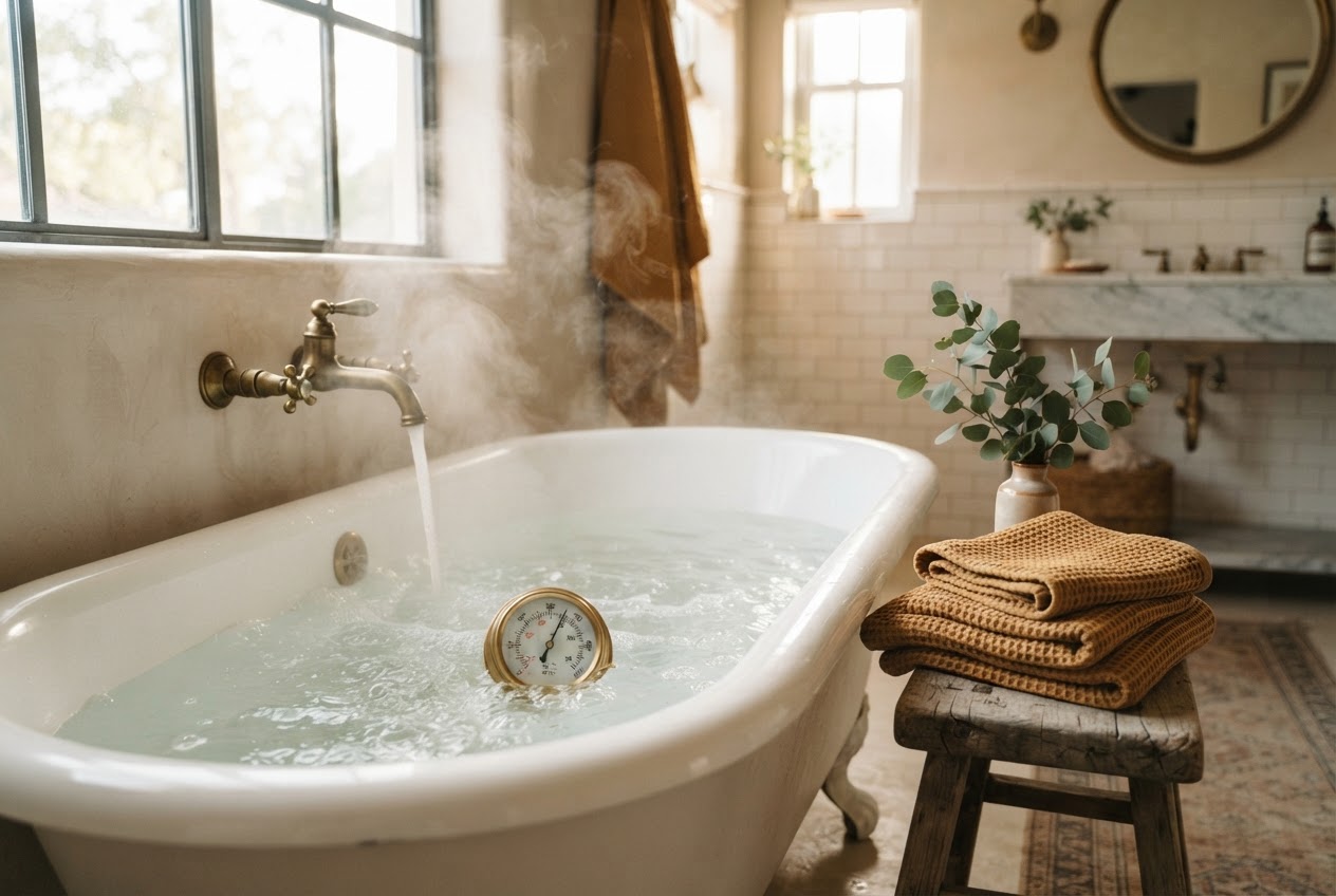 Badewanne Temperatur – Badethermometer schwimmt im einlaufenden warmen Wasser