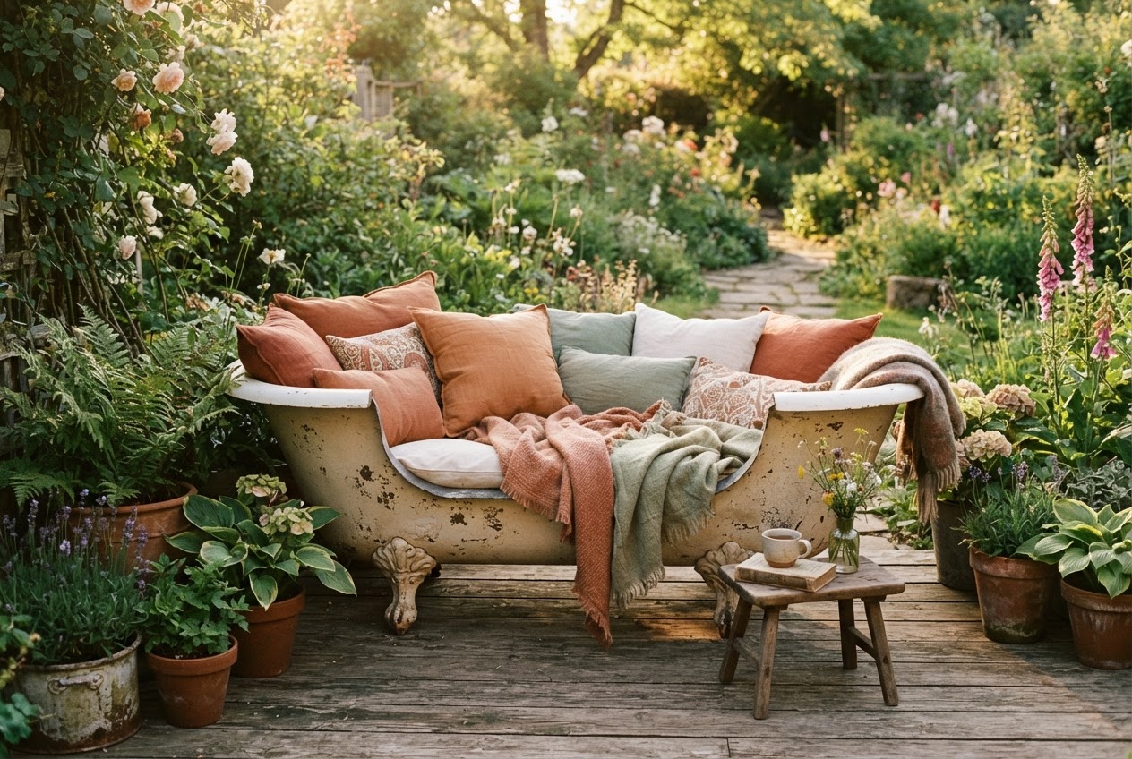 Upgecycelte alte Badewanne als gemütliches Gartensofa mit Kissen im Grünen