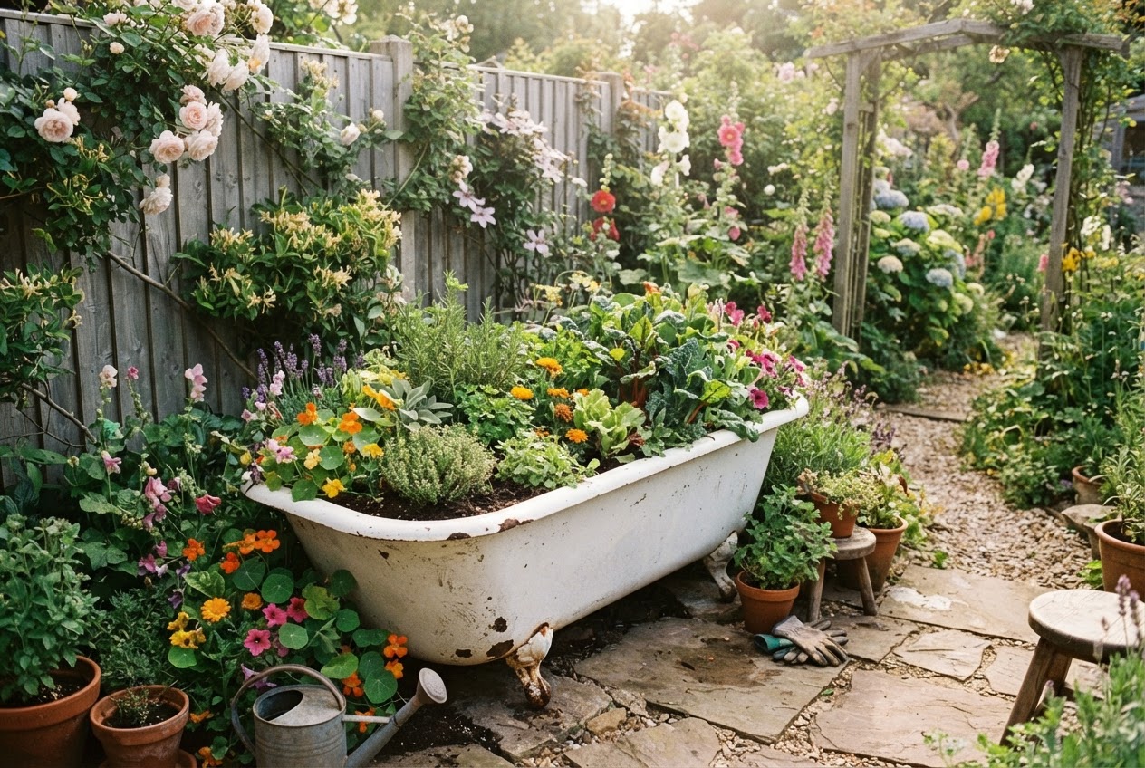 Alte Badewanne als bepflanztes Hochbeet mit Kräutern und Gemüse im Garten